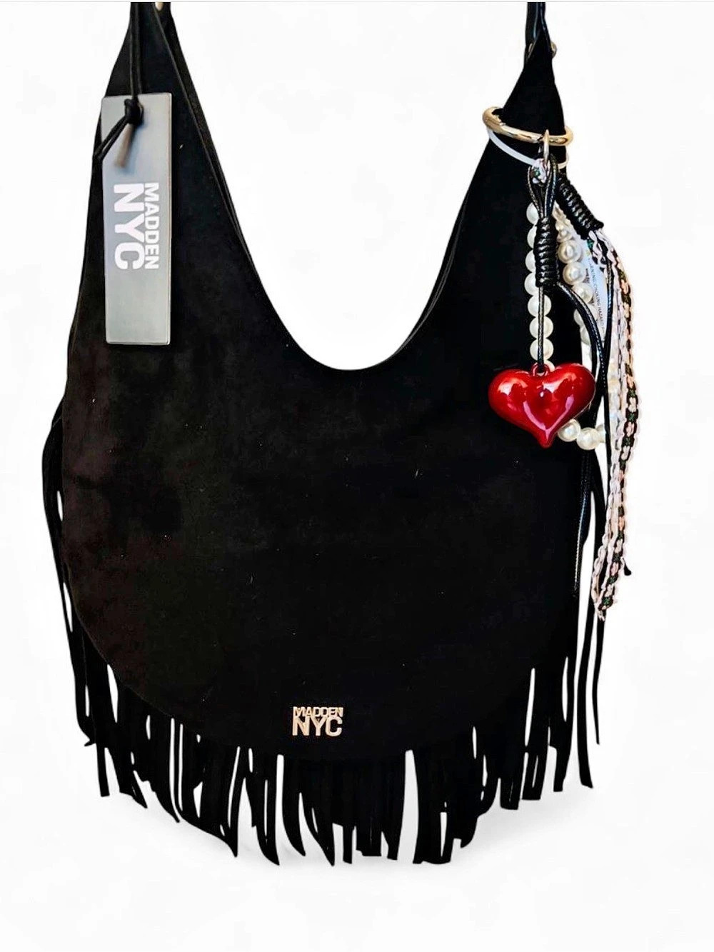NWT Madden NYC Fringe Hobo Bag Black with Charms